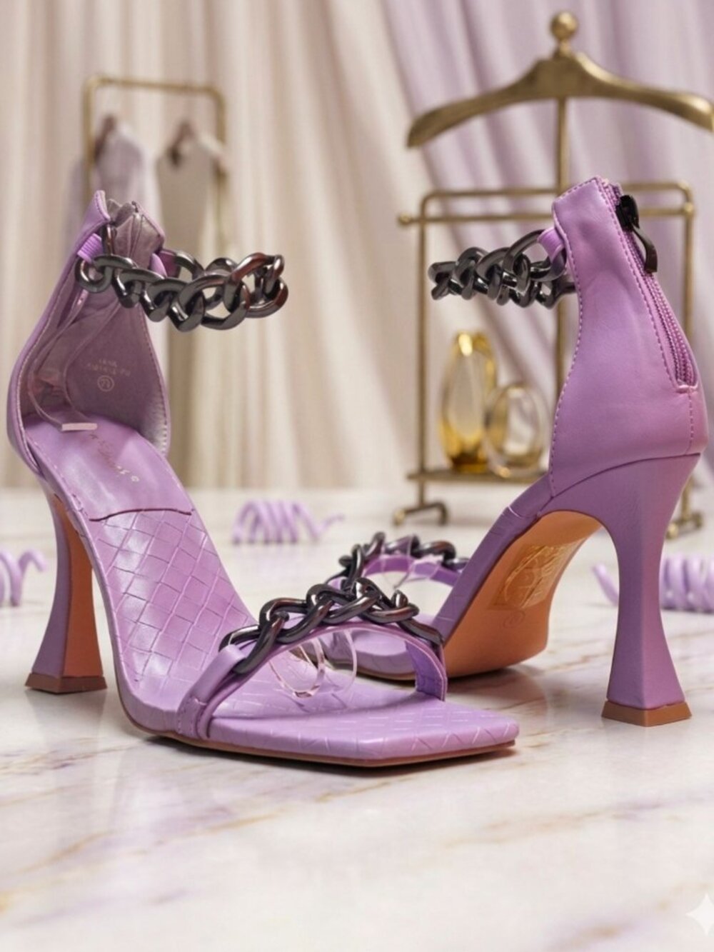 Chain-Detail Purple High Heel Sandals With Croc-Embossed Straps & Square Toe For